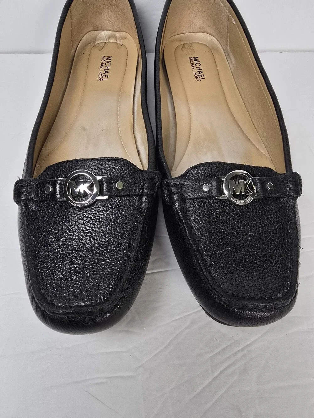 Michael Kors Moc Black Leather Moccasin Loafers Silver Tone Hardware Size 8.5